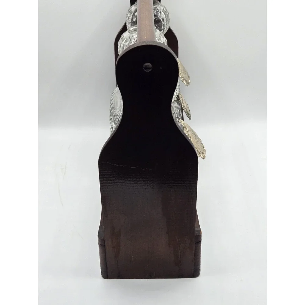 Mid Century Glass Liquor Decanter‎ Set Wood Caddy Scotch Bourbon Vodka 3 Bottle
